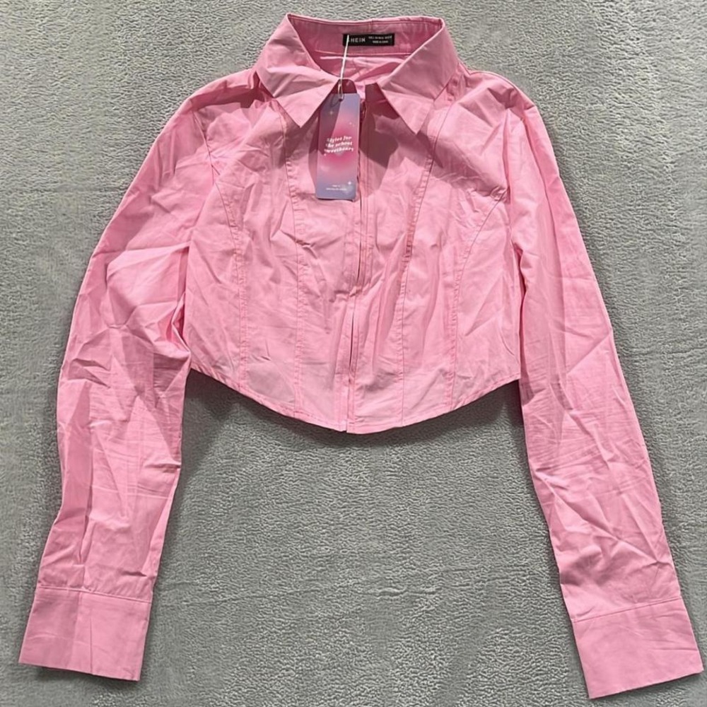 NWT Shein Cropped Shirt Full Zip Long Sleeve Collared Pink Barbie Y2K - Picture 1 of 7